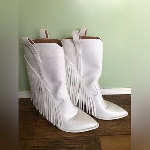 ISNOM Women's 10 White Western Cowgirl Boots Mid Calf Hi Heel Cowboy Fringes